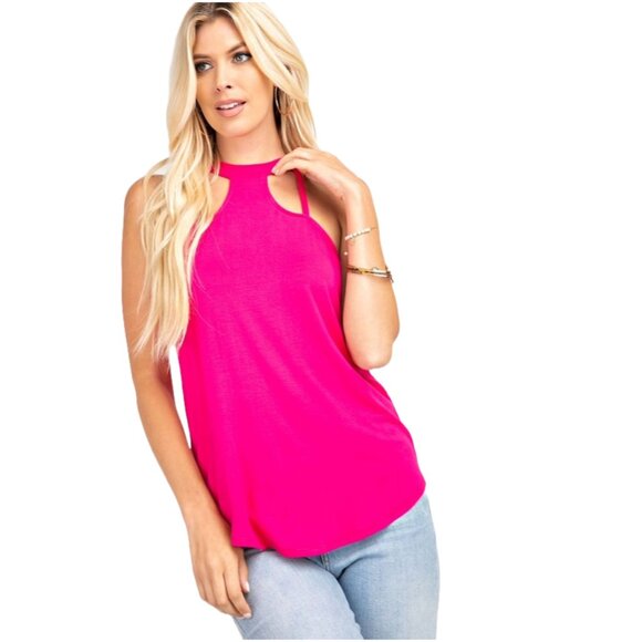 143 Story Fuchsia Pink Edgy Cut Out Strappy Sleeveless Bamboo Tank Top - Picture 2 of 6